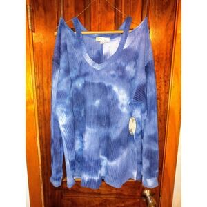 MISIA Curvy Blue Tie Dye Cold Shoulder Waffle Knit Long Sleeve Top 3X